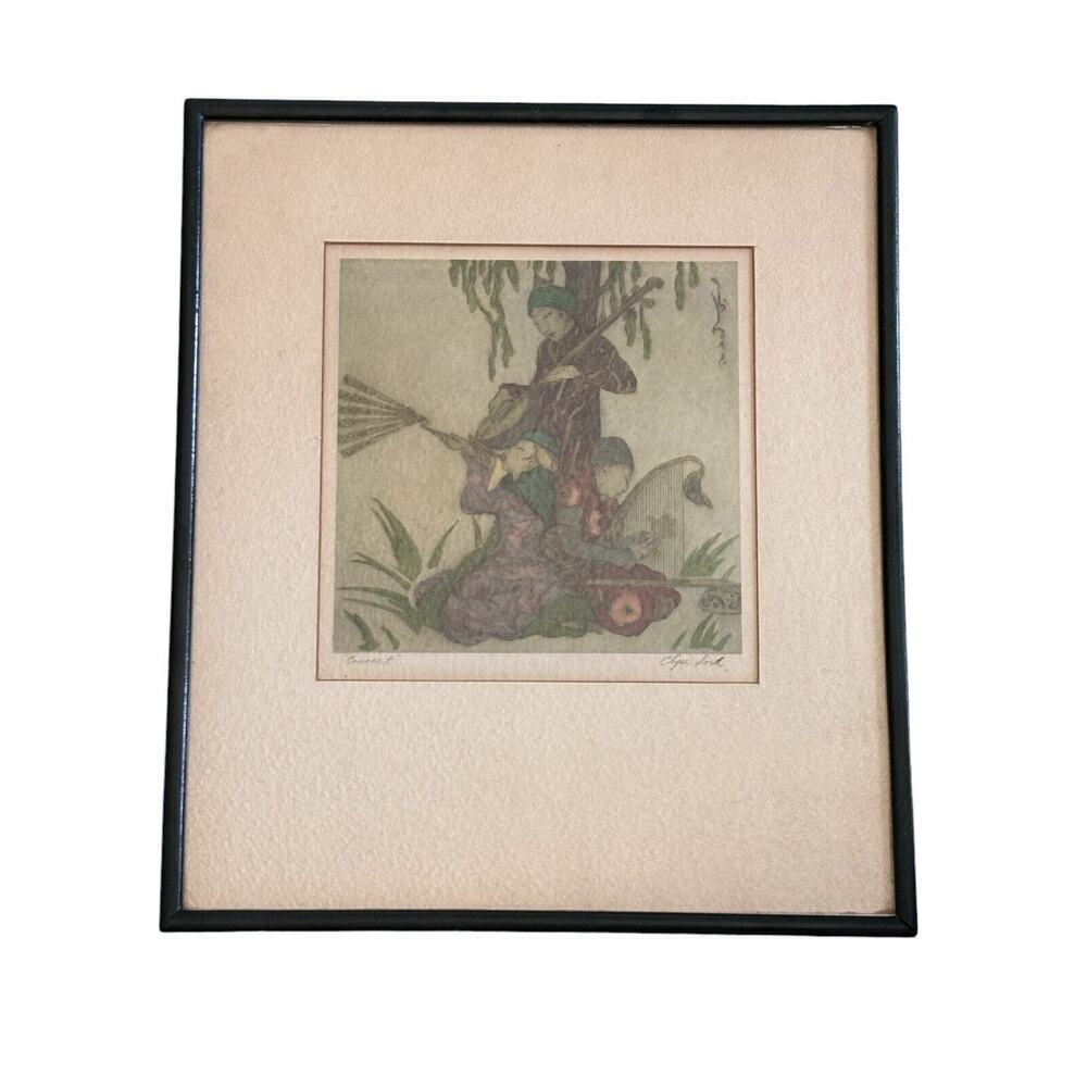 Elyse Ashe Lord Pencil signed etching “Concert”Framed Matted Antique